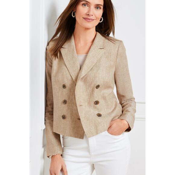 Talbots 100% Linen Double Breasted Cropped Blazer Tan Size 12 Career Neutral - Picture 1 of 9